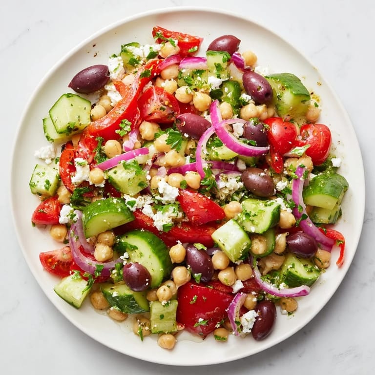 This image shows a colorful Fresh Mediterranean salad, featuring olives and chickpeas, ready to enjoy.