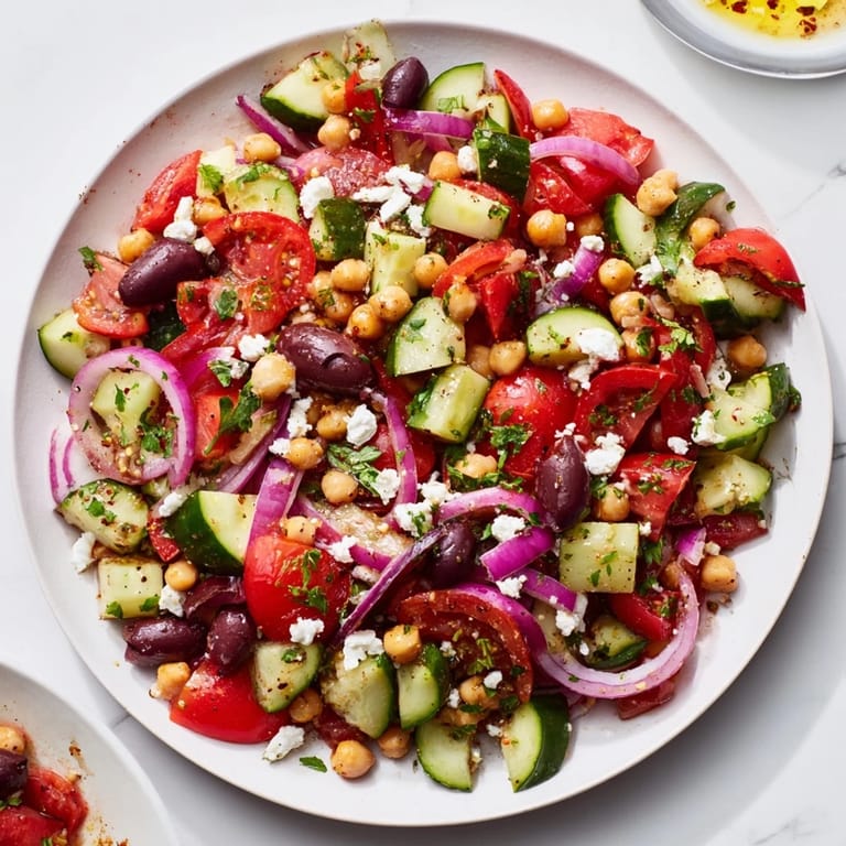 A close-up of a refreshing Fresh Mediterranean salad with chickpeas, perfect for a light vegetarian lunch.