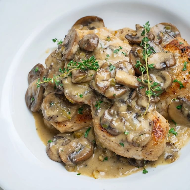 A close-up shot of skillet-seared chicken breast, generously smothered in a rich mushroom cream sauce.