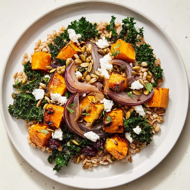 Freshly-prepared Harvest Grain Bowl showcasing tender pumpkin, nutty grains, and a zesty dressing.