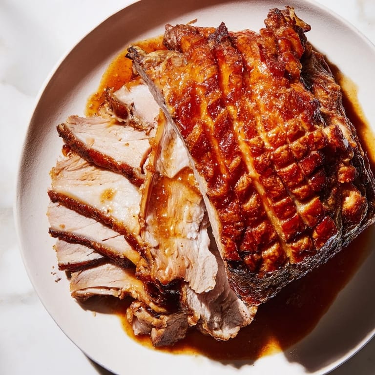 A close-up of a perfectly cooked slow-roasted pork shoulder, enhanced with a sweet and tart cider glaze.