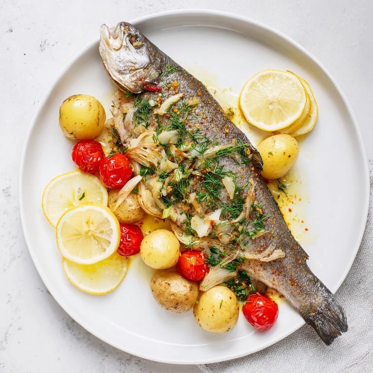 Flaky, oven-baked trout fillets atop roasted vegetables, seasoned with garlic and fresh herbs for dinner.