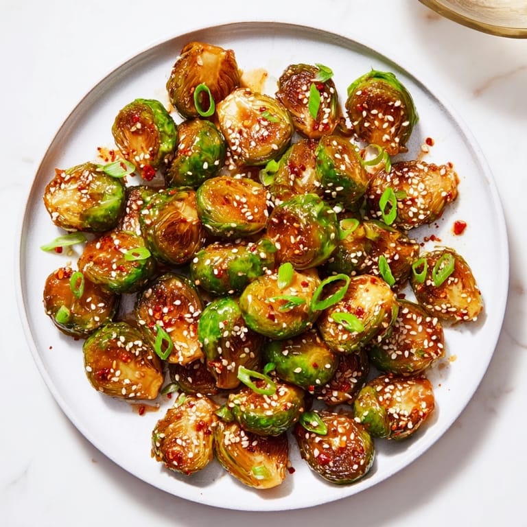 Sweet and sticky Honey-Soy Glazed Brussels Sprouts, roasted to perfection, topped with fresh green onions.