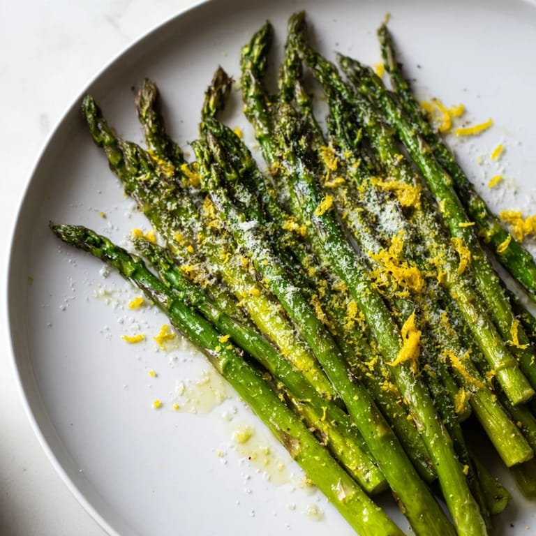 Freshly roasted asparagus glistening with olive oil and topped with Parmesan and lemon zest.
