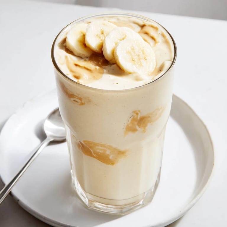 This Peanut Butter Banana Smoothie shows a perfect, easy breakfast with a swirl of peanut butter.
