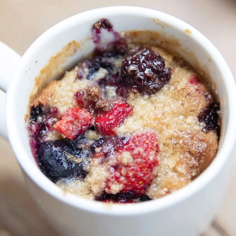 A close-up of a delightful Mixed Berry Cobbler Mug Cake, ready to enjoy with a spoon.