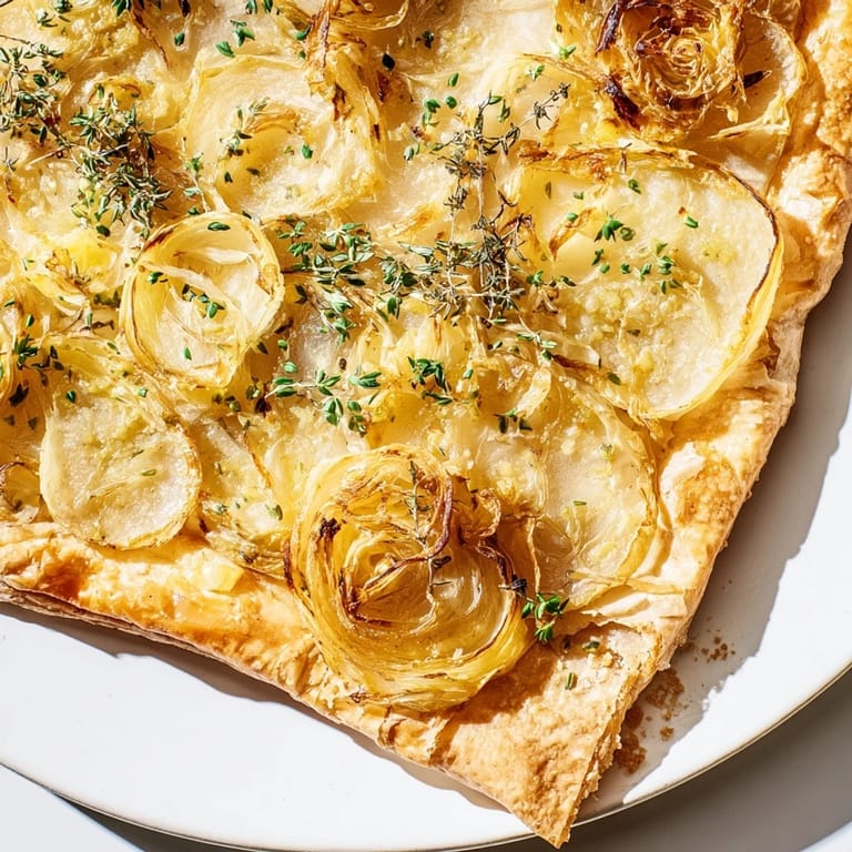 A close up of freshly baked Caramelized Onion Tart, showcasing its rustic, golden-brown crust and savory filling.