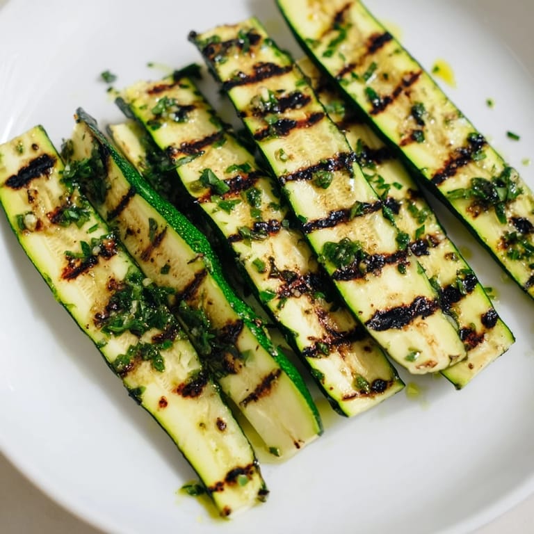 Perfectly cooked Garlic Herb Grilled Zucchini with char marks, offering a savory aroma, alongside a summer meal.