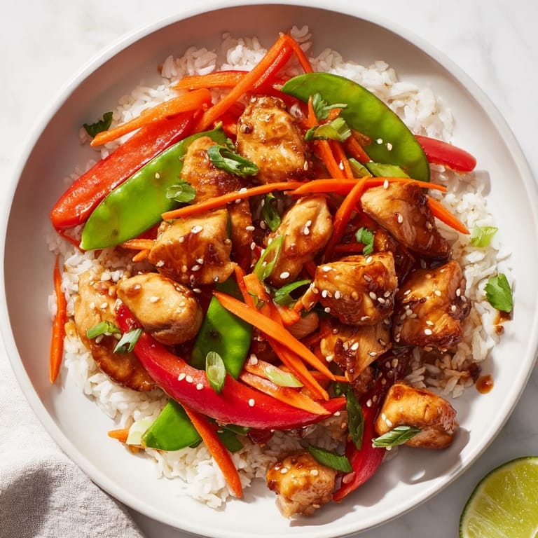 A delicious Asian-inspired Sesame Ginger Rice Bowl with perfectly cooked chicken and colorful vegetables ready to enjoy.