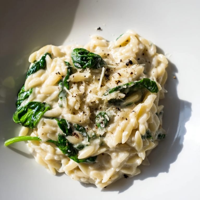 This bowl of Creamy Spinach Orzo showcases a comforting, one-pan meal with a hint of nutmeg and pepper.