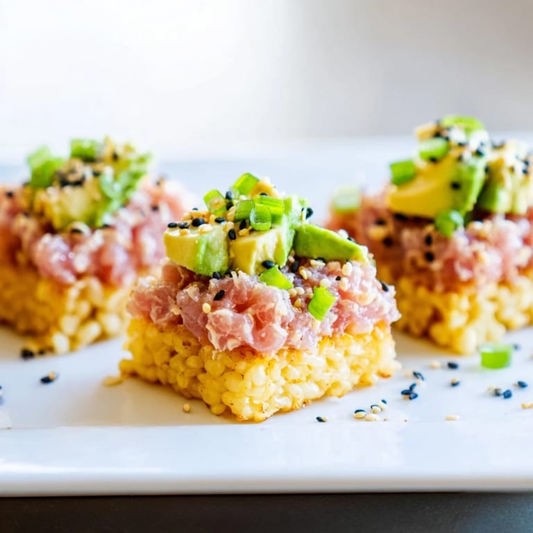 Crispy, golden rice squares topped with spicy tuna and avocado, creating a delicious Spicy Tuna Crispy Rice bite.