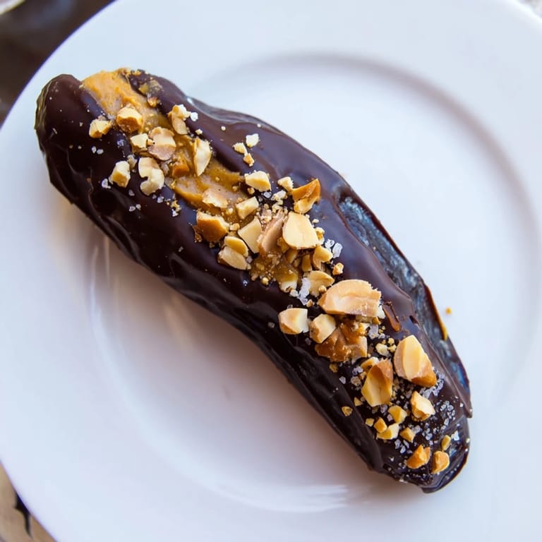 Rich, homemade Chocolate Date Snickers: dates filled with peanuts and peanut butter, enrobed in melted chocolate.