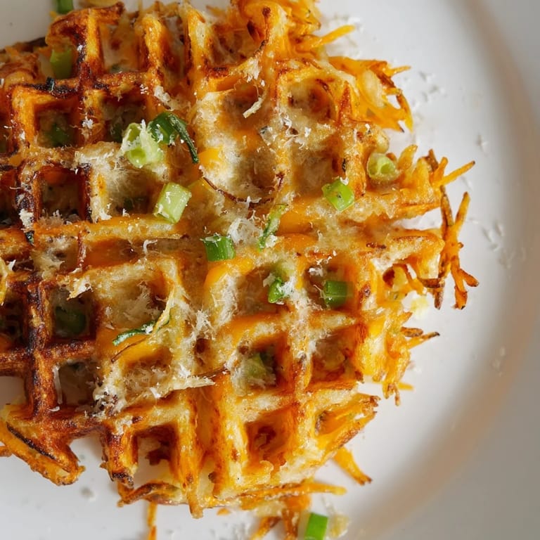 A close-up shot of delicious Cheesy Hash Brown Waffles, smelling of garlic and cheese, perfect for brunch.