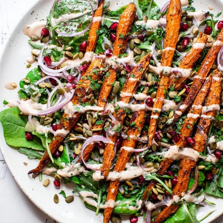 Flavorful Roasted Carrot Salad, featuring caramelized carrots drizzled with a tangy tahini dressing.