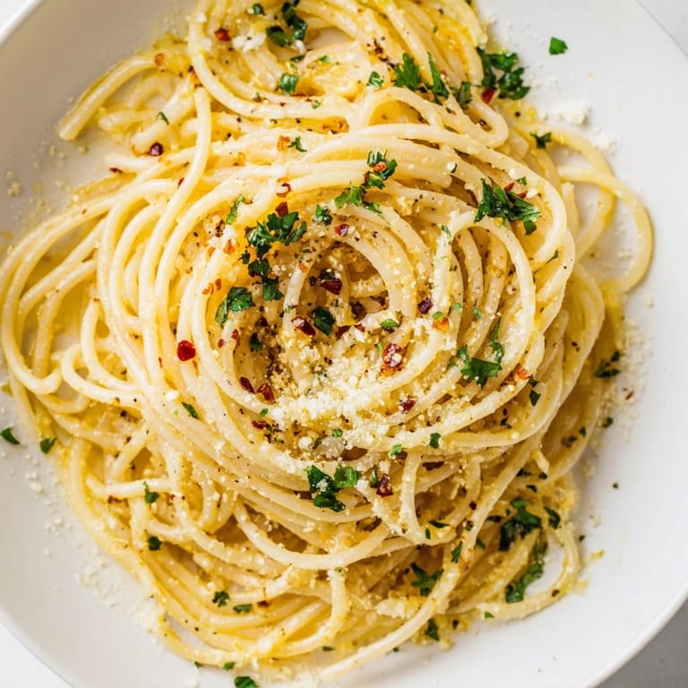 Golden garlic coats the spaghetti in this simple Aglio e Olio Express Pasta, ready in minutes with red pepper flakes.