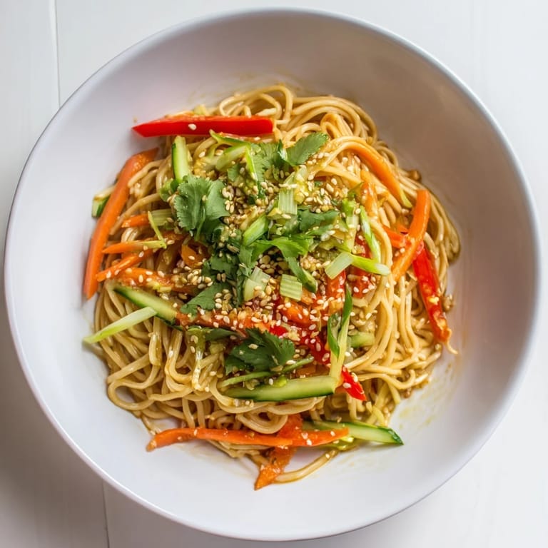 Close-up of a flavorful garlic noodle salad, tossed with fresh cilantro and ready to serve.