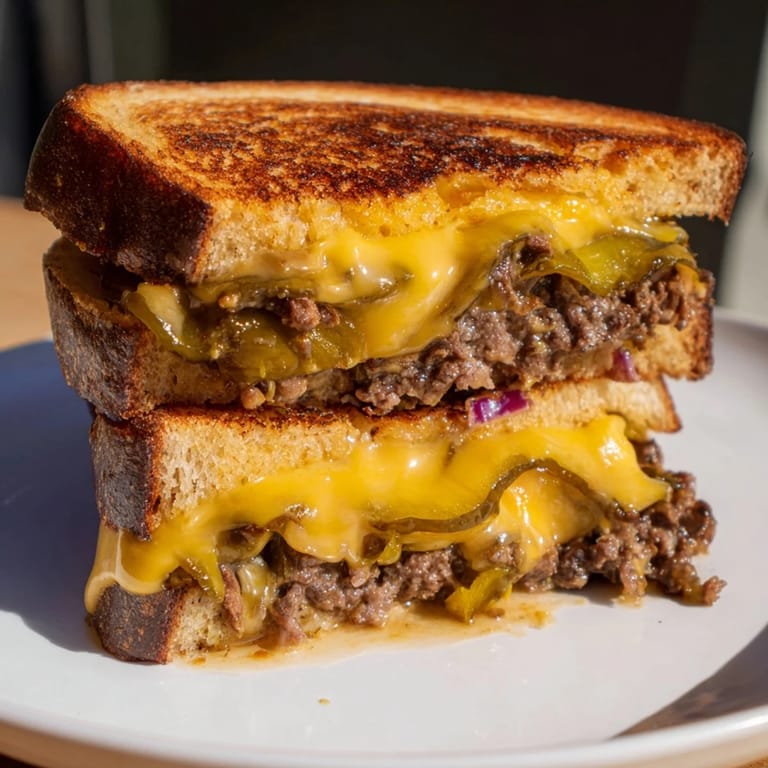 Buttery, crispy bread embraces a juicy Smashed Burger Grilled Cheese, a perfect comfort food meal.