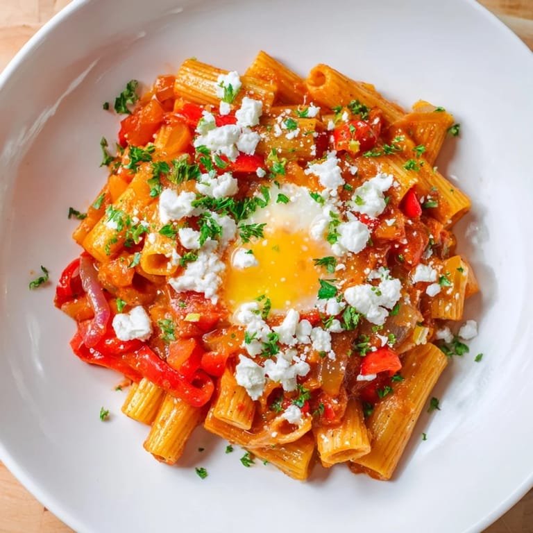 Quick Shakshuka Pasta: a close-up of the dish, showing the rich tomato sauce and the golden egg yolks.