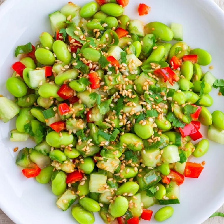 Chilled Edamame Salad, with visible green edamame and cucumber, perfect for a refreshing vegan lunch.