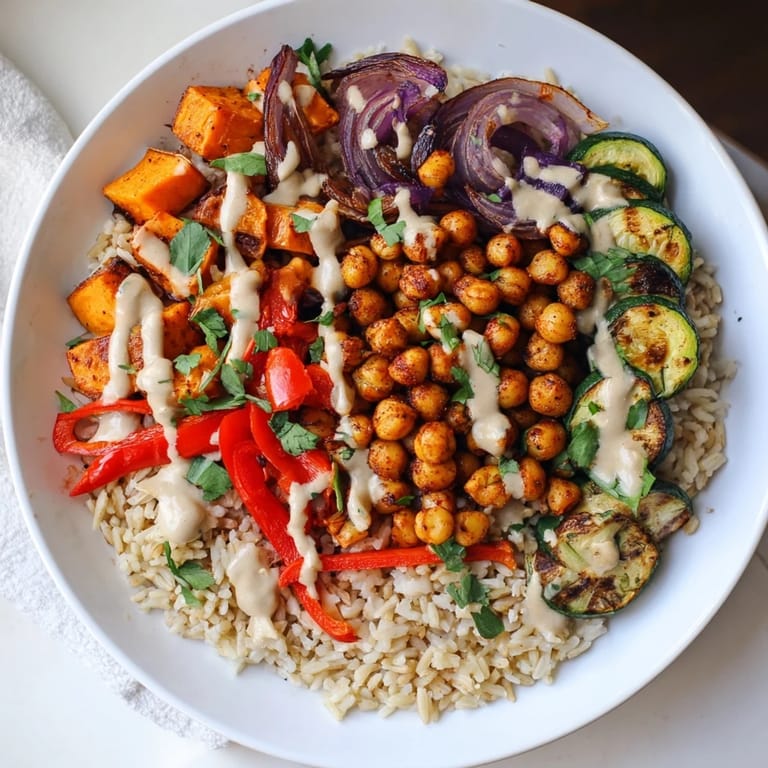 Enjoy a healthy and flavorful meal; the Roasted Chickpea Buddha Bowl, full of textures and flavors.