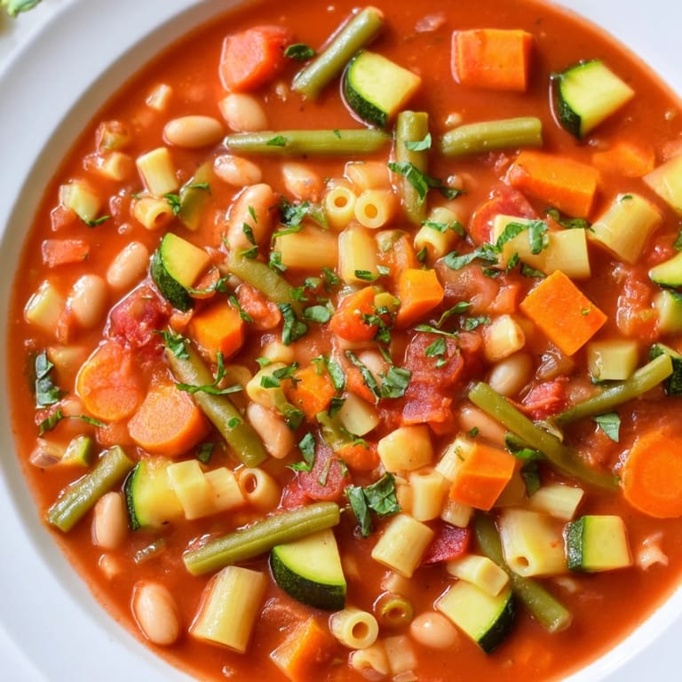 Spoonful of Tomato Basil Minestrone: delicious, warm broth with vegetables and herbs, perfect for dinner.