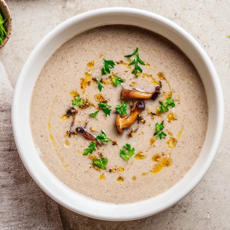 Velvety smooth creamy mushroom bisque served in a white bowl, looking inviting and warm for a cozy dinner.