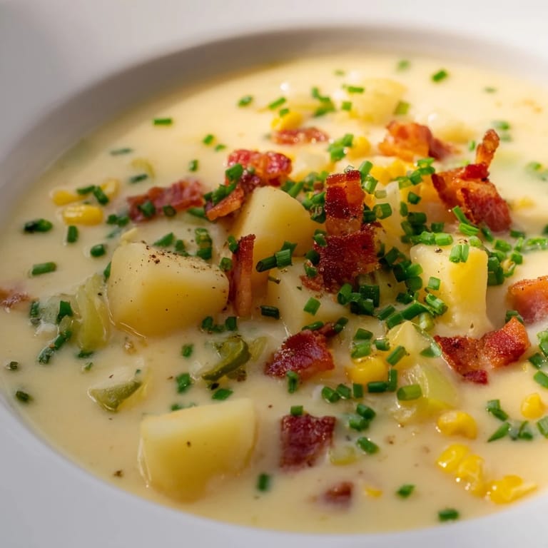 Flavorful Corn Chowder soup, brimming with sweet corn, bacon, and tender potatoes served in a rustic bowl.
