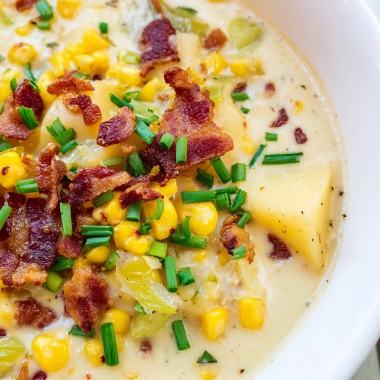 Golden-hued Corn Chowder, a comforting American soup, showing off visible corn kernels and bits of bacon.