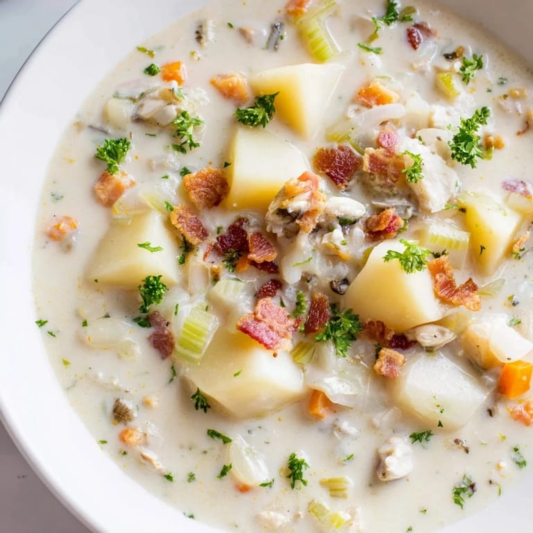 Thick and hearty New England Clam Chowder, garnished with parsley, ready to be served hot.