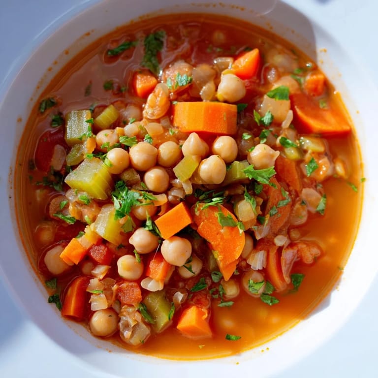 Hearty North African Harira Soup, a vibrant vegetarian dish featuring a medley of spices and textures.