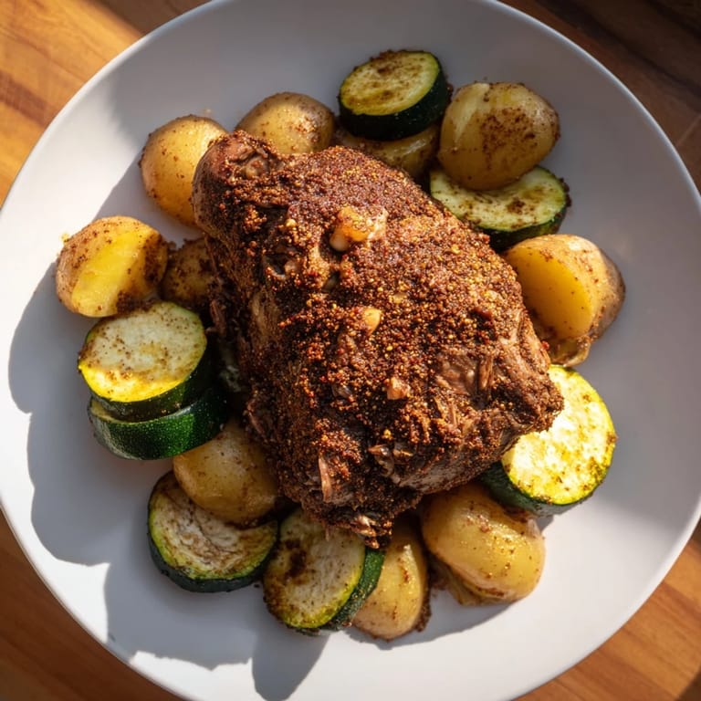 A close-up of a Jordanian Zarb dish reveals fall-apart tender lamb, vegetables, and rich cooking juices.