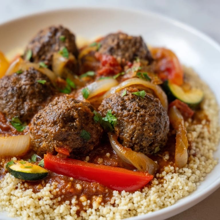 Warm, comforting bowl of North African Couscous Kefta, seasoned meatballs with spiced vegetables over fluffy couscous.