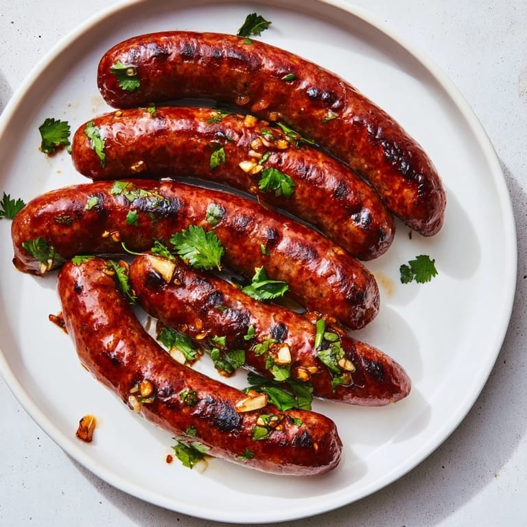 Spicy and savory, this hot Tunisian Merguez Sausage is perfectly grilled, served hot.