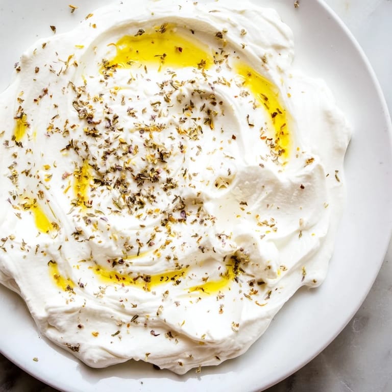 Tangy, thick Levantine labneh, a Middle Eastern spread; shown with optional herbs and spices for flavor.