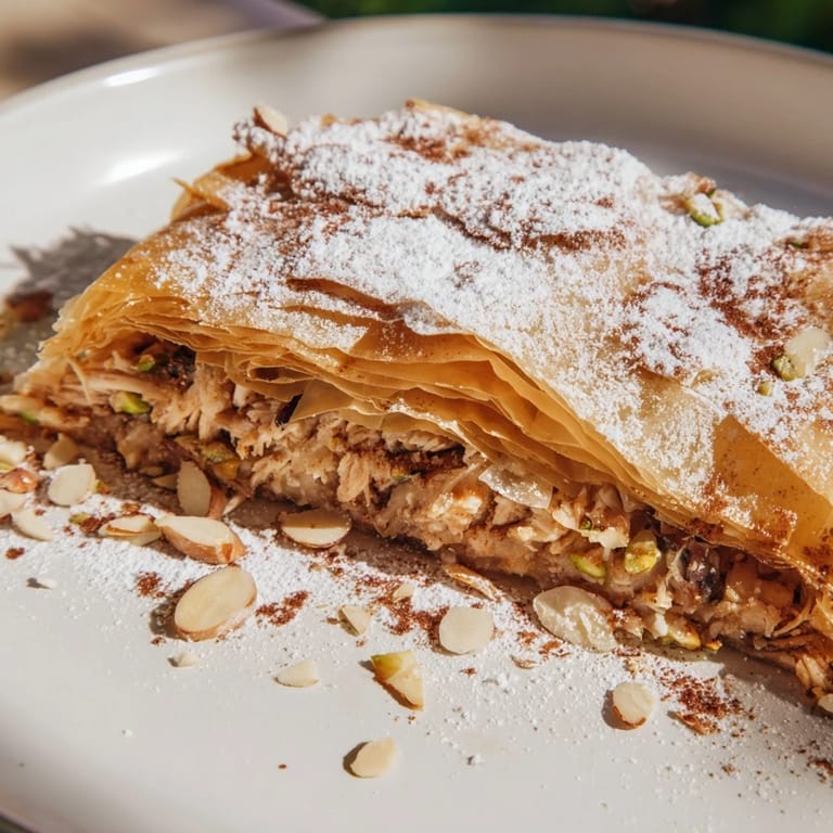 A close-up of the delicious textures in a Moroccan Pastilla Pie, ready to be served and enjoyed.