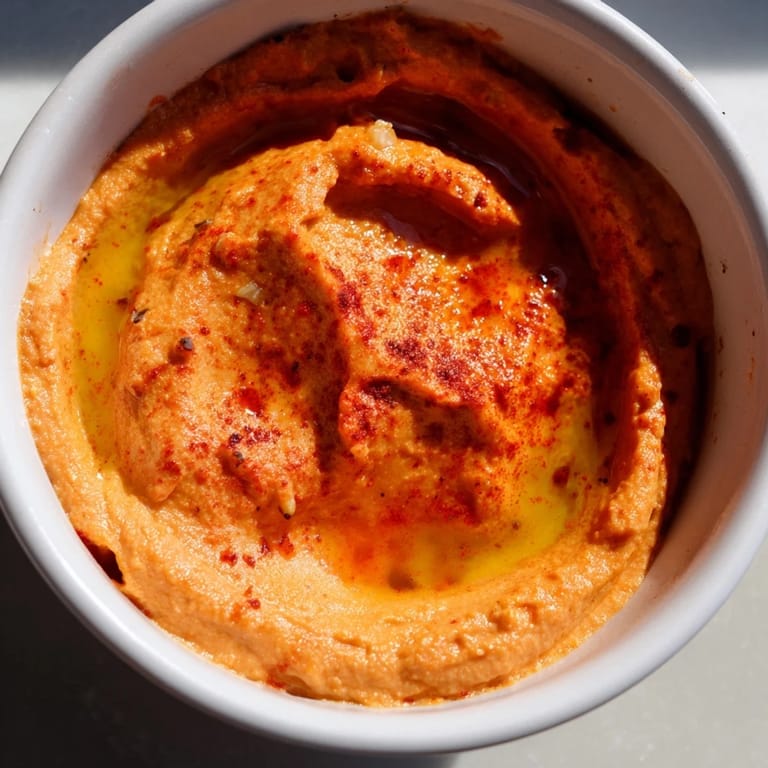Creamy homemade roasted red pepper hummus in a white bowl, topped with a sprinkle of paprika and parsley.
