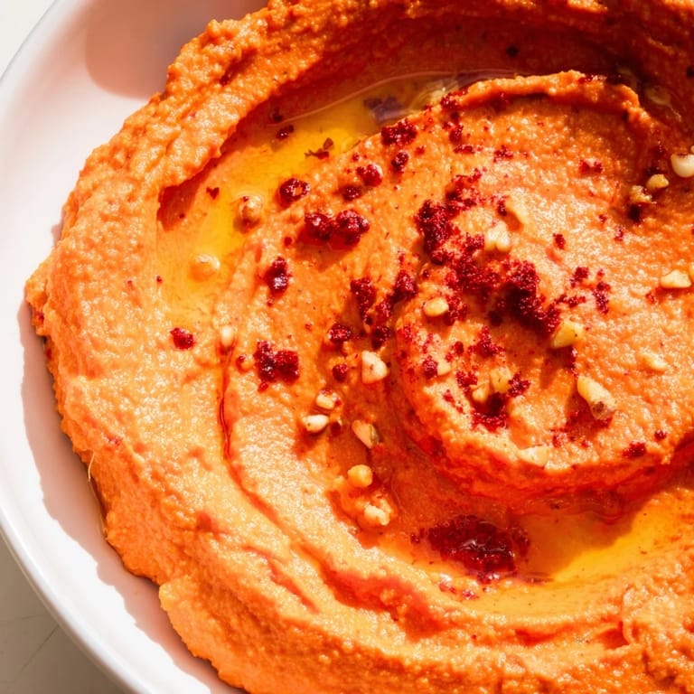 A vibrant bowl of roasted red pepper hummus, drizzled with olive oil and served with pita and veggies.  