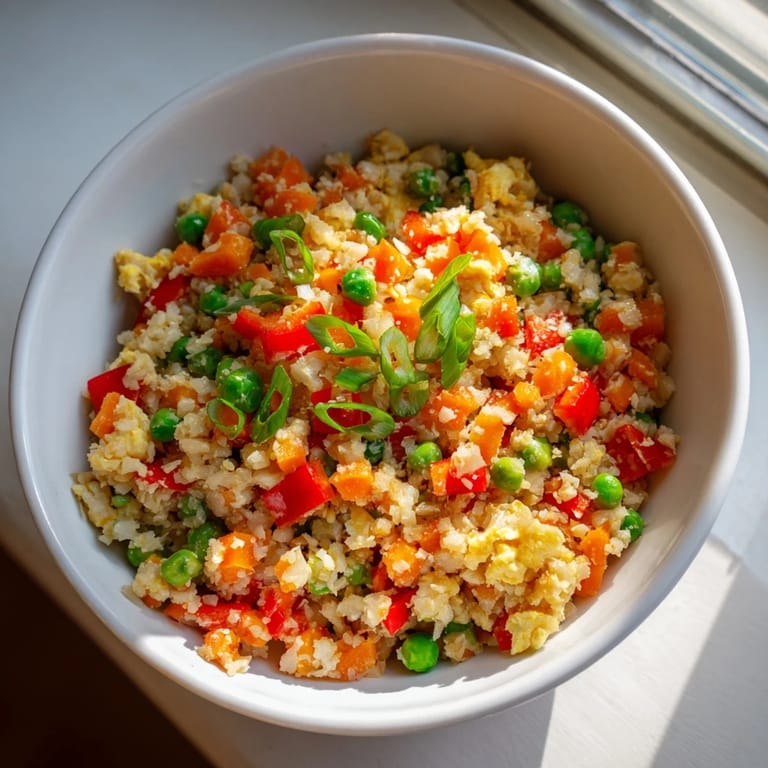 Sizzling cauliflower fried rice served in a bowl with chopsticks, ready to eat.