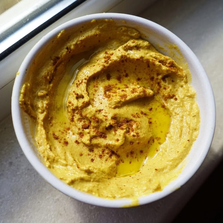 A bowl of homemade Chickpea Curry Paste, rich with turmeric and cumin, surrounded by pita chips and crunchy vegetable sticks for dipping.  
