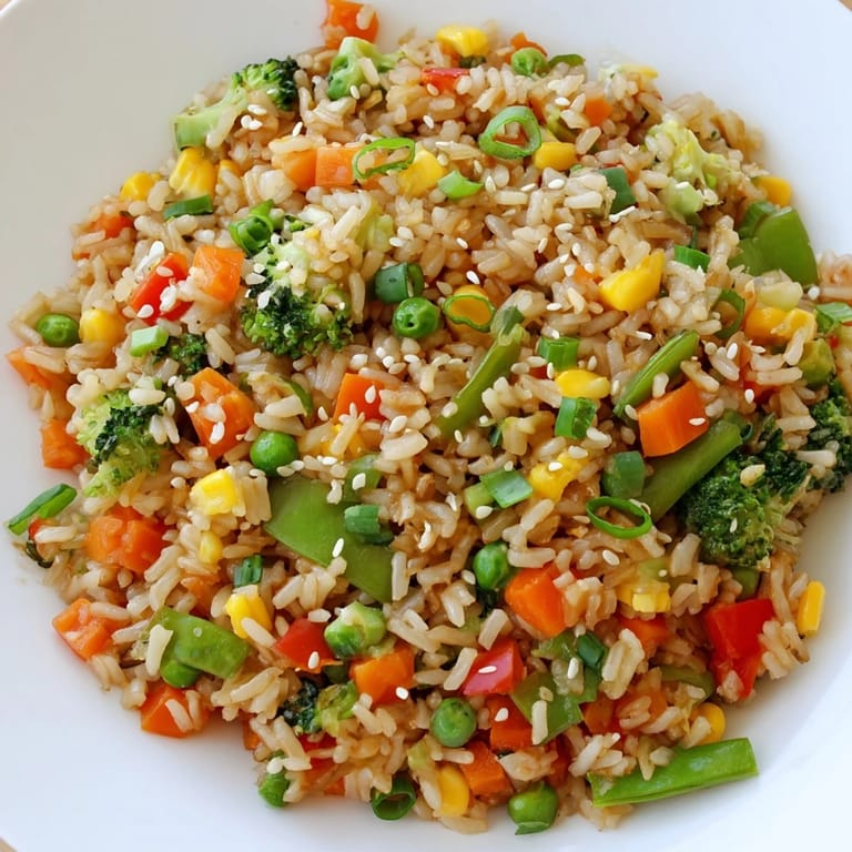 An overhead view of sizzling vegetable fried rice with bright bell peppers and tender broccoli, highlighting the fluffy texture of the jasmine rice and savory soy sauce glaze.