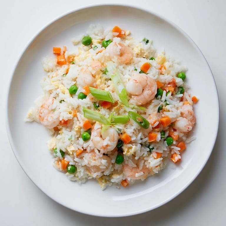 A close-up of fluffy Shrimp Garlic Fried Rice garnished with lime wedges and extra spring onions for a bright finish.