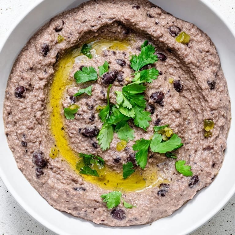 Spicy black bean dip served in a rustic bowl with blue corn tortilla chips for dipping.  