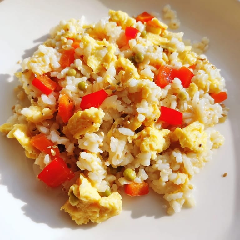 A close-up of classic egg fried rice with scallions, peas, and carrots on a plate.  