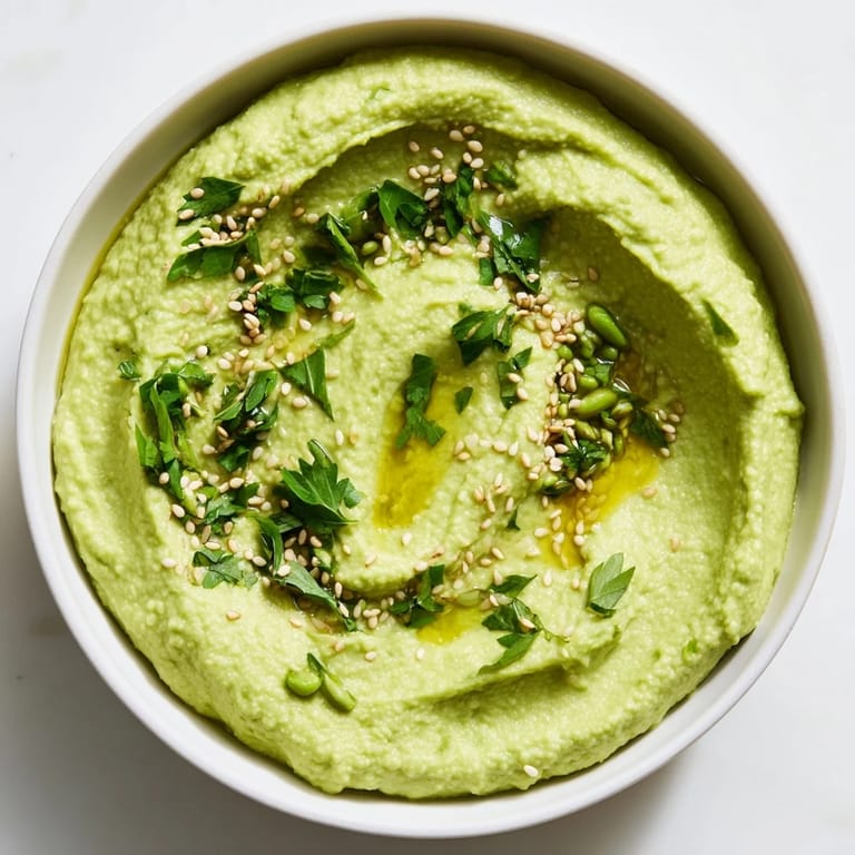 Creamy Edamame Hummus in a serving dish surrounded by colorful raw vegetables like carrots and cucumbers for dipping.