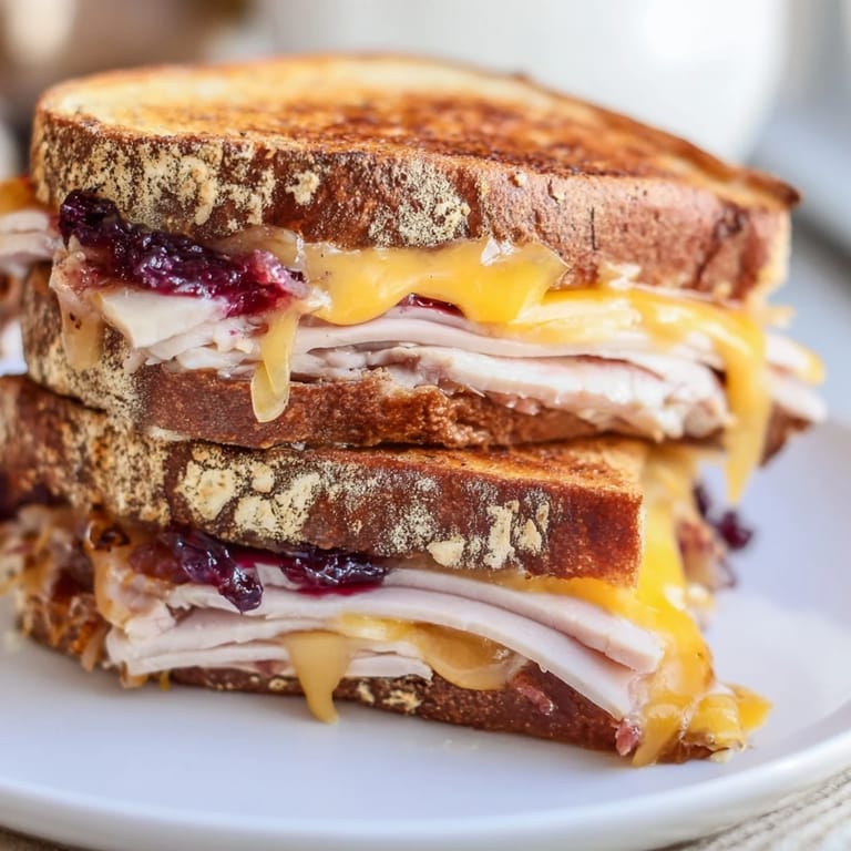 This classic smoked turkey grilled cheese showcases juicy turkey breast and zesty cranberry sauce between perfectly crisped, buttery bread slices.
