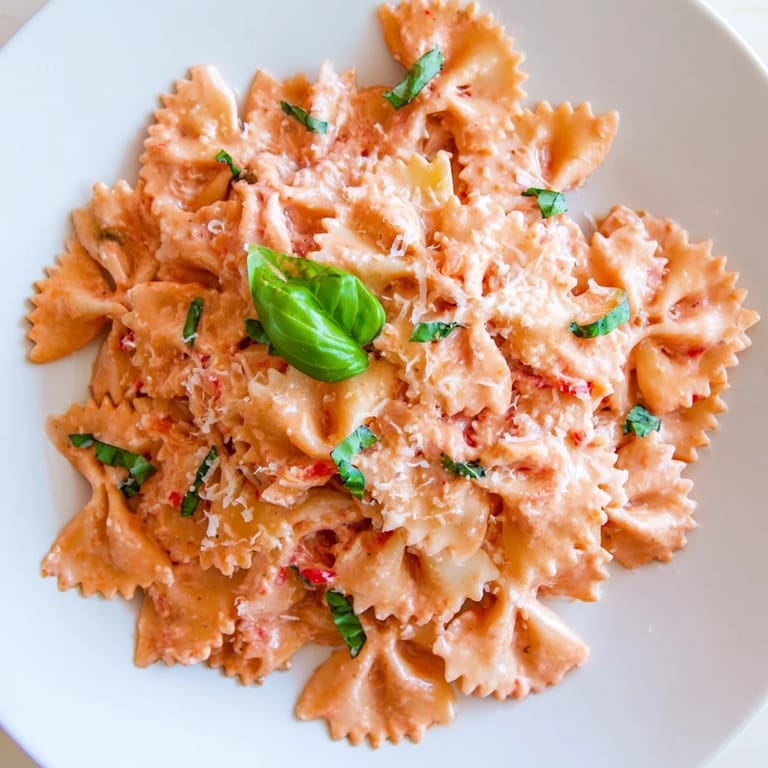 Twisted farfalle pasta coated in silky red tomato cream sauce, served hot with a sprinkle of cheese and fresh basil for garnish.