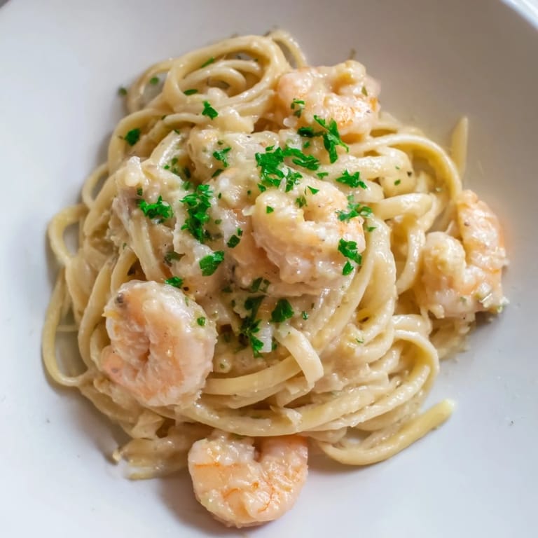 A plate of Creamy Garlic Shrimp Pasta highlights succulent shrimp and garlic cream sauce on al dente linguine.