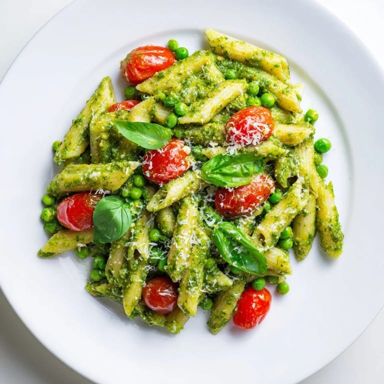 Cool and refreshing Green Pesto Pasta Salad featuring al dente fusilli, juicy tomatoes, and aromatic basil pesto.