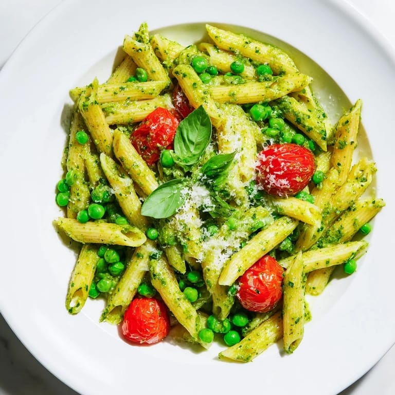 Green Pesto Pasta Salad served in a ceramic bowl, garnished with grated Parmesan and a drizzle of olive oil.  