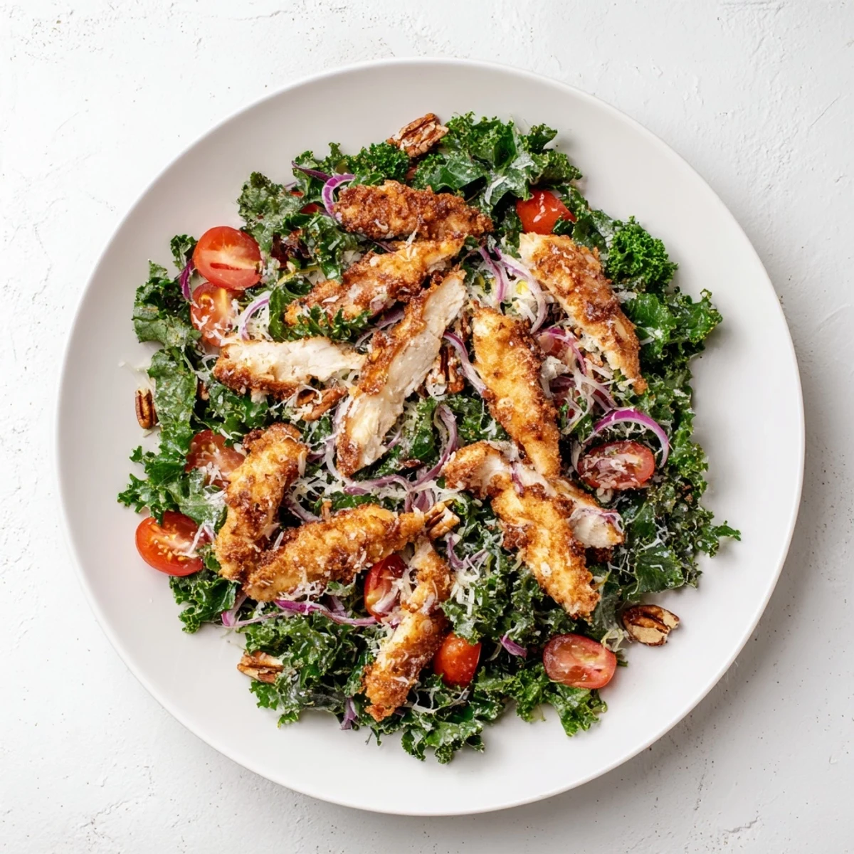 Golden, crispy chicken strips top a hearty kale salad, garnished with cherry tomatoes and toasted pecans for a satisfying, crunchy bite.